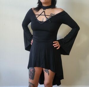Punk Rave black hi lo witchy dress collar hexagram harness bell sleeves